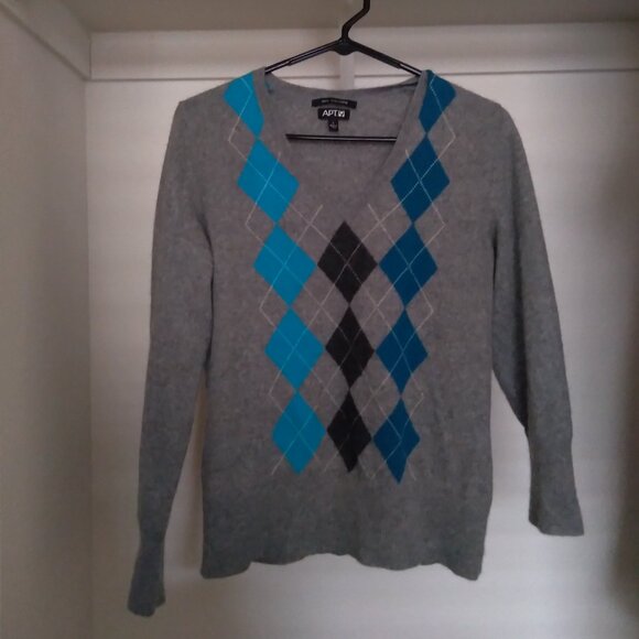 Vintage Apt 9 Heather Gray Argyle Print V-Neck Cashmere Sweater - Picture 1 of 4